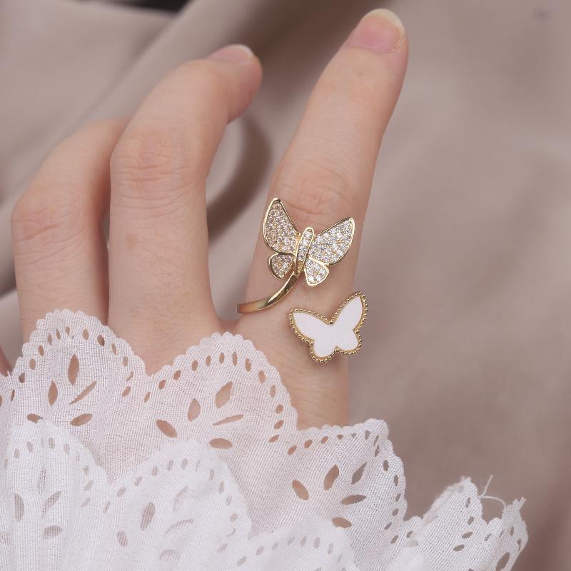 Fashion Jewelry 14K Real Gold Plating Double Butterfly Acrylic Zircon Ring Elegant Women's Daily Opening Adjustable Ring