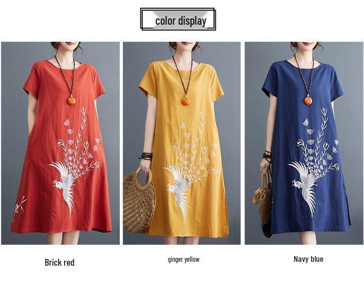 Embroidered A-line Short Sleeve Retro Dress - 2026 Summer Plus Size Loose Fit