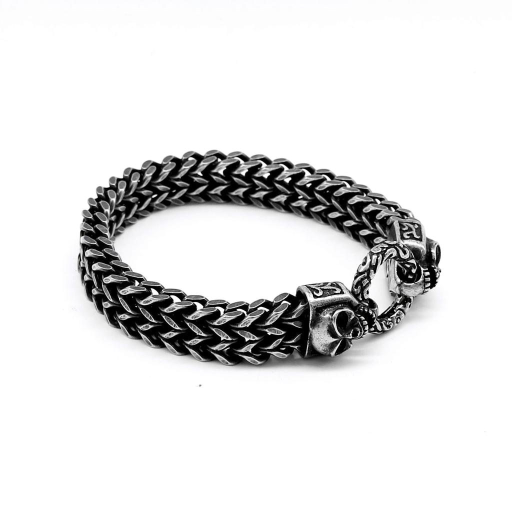 Punk Double Skull Bracelet For Men 316L Stainless Steel Heavy Shiny Skeleton Charm Mesh Chain Mens Bracelets Male Jewelry New