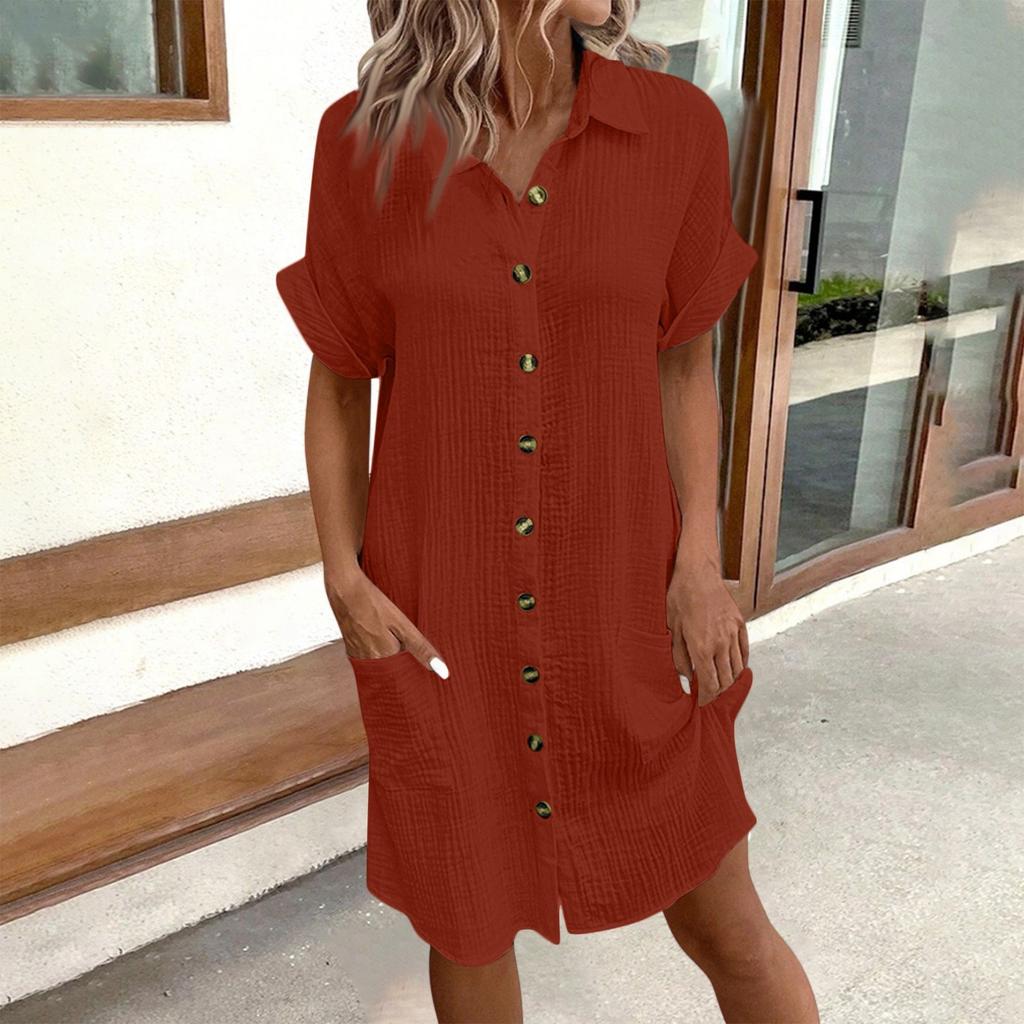 Fashion Women's Summer Casual Short Sleeve V-Neck Button Dress