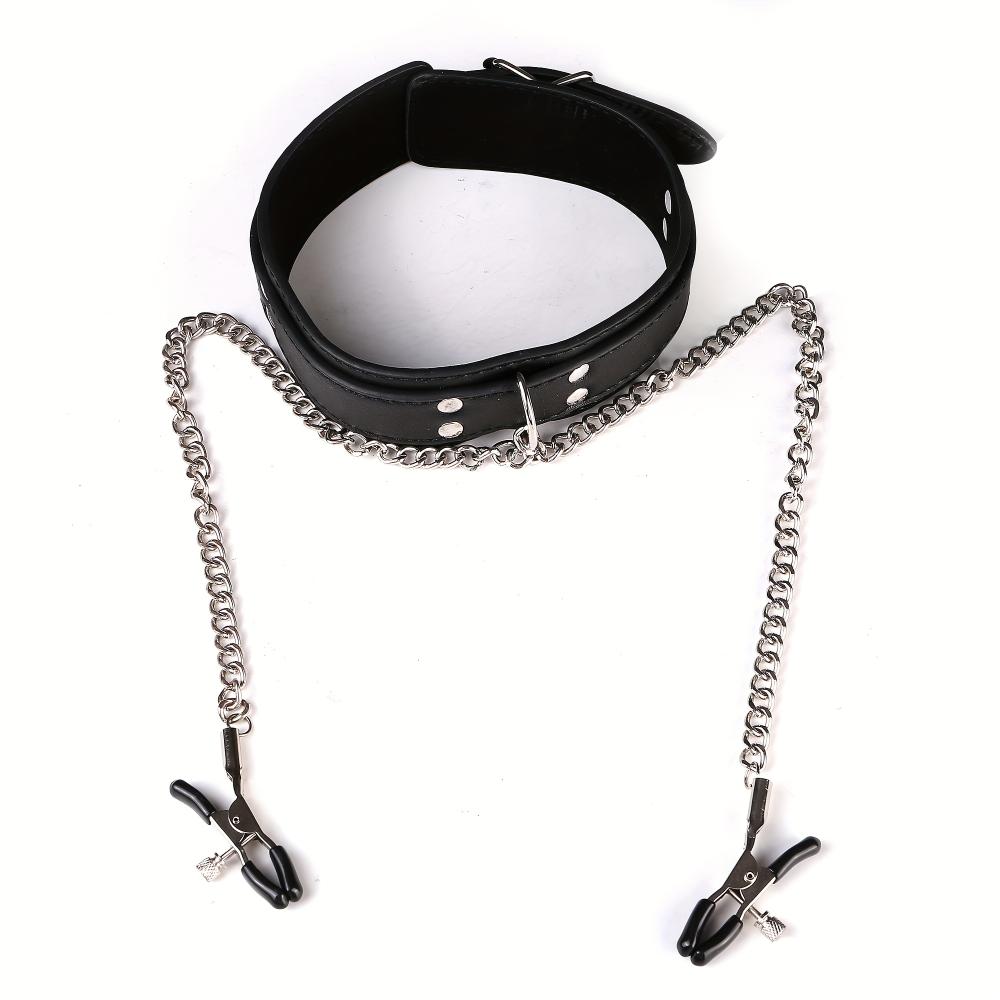 Pu Leather Collar Chain Collar With Nipple Clip BDSM Bondage, adult Sex Toys For Men Women