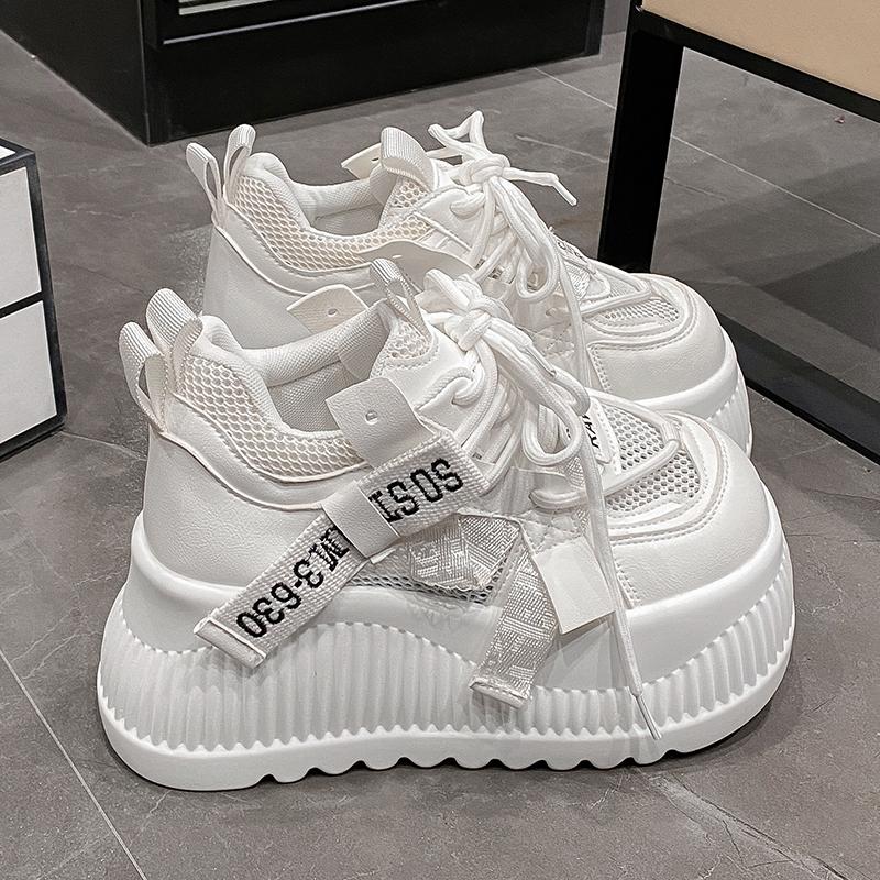 Fashion Breathable Air Mesh Lace Sneakers Leather Flats Lace-up Women Spring 8.5CM High Platform Sports Dad Shoes New Chunky Sneaker