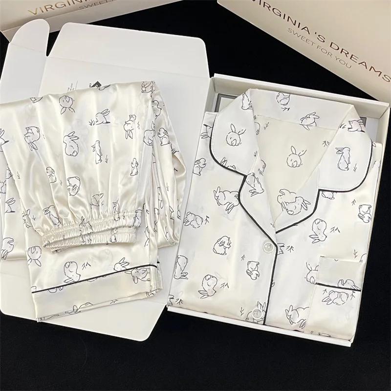 

Пижама с принтом кролика Kawaii, атласная шелковая женская пижама, тонкая пижама, новая женская пижама с лацканами, с длинными рукавами M