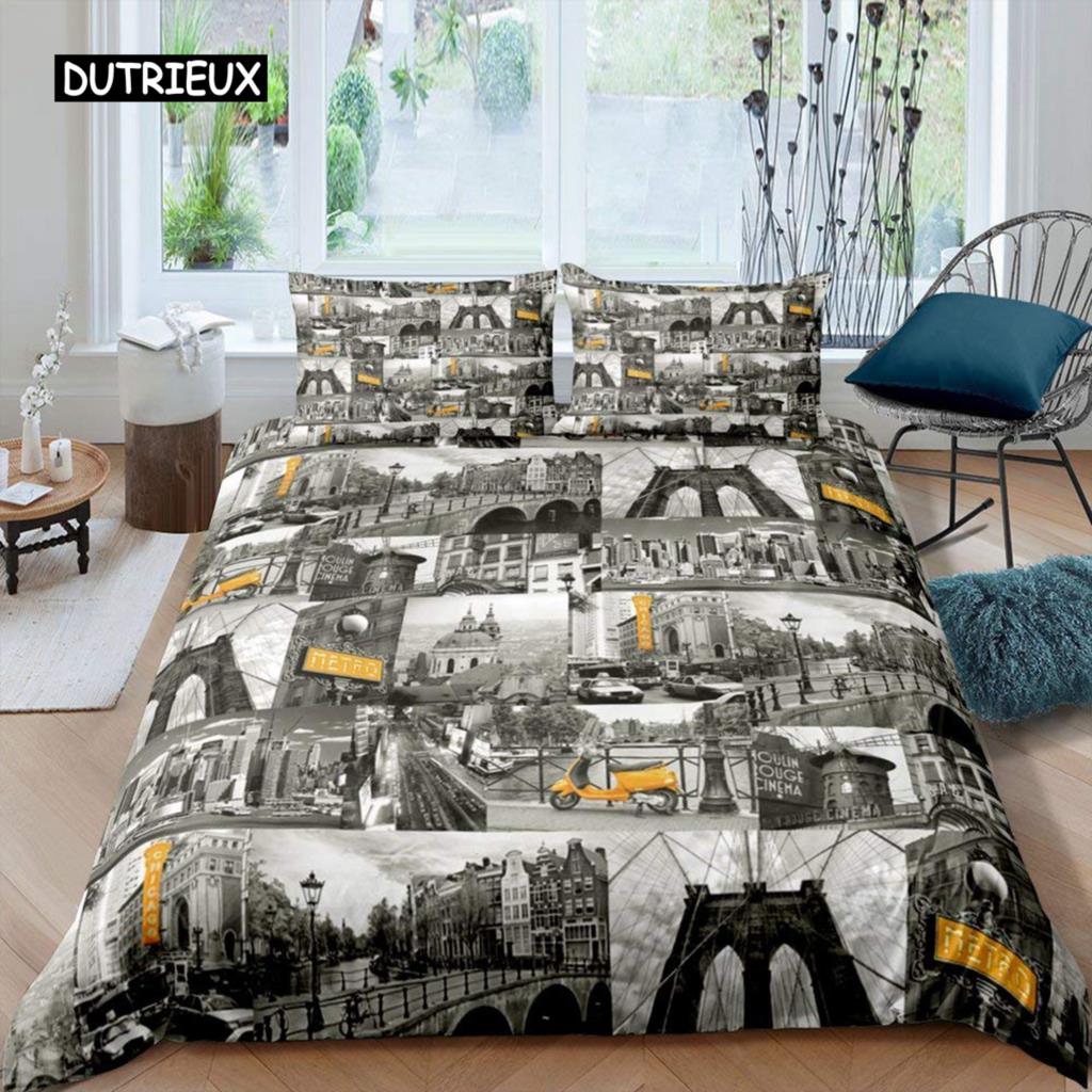 Cityscape Duvet Cover Set New York City Night View Quilt Cover for Boys Adults Microfiber Building Bedding Set 2/3Pcs King Size