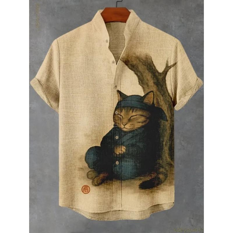 2026 New Men's Shirt Vintage Cat Printed Top Comfortable Fabric Breathable Short Sleeve Shirt Personalized Loose Casual Shirt