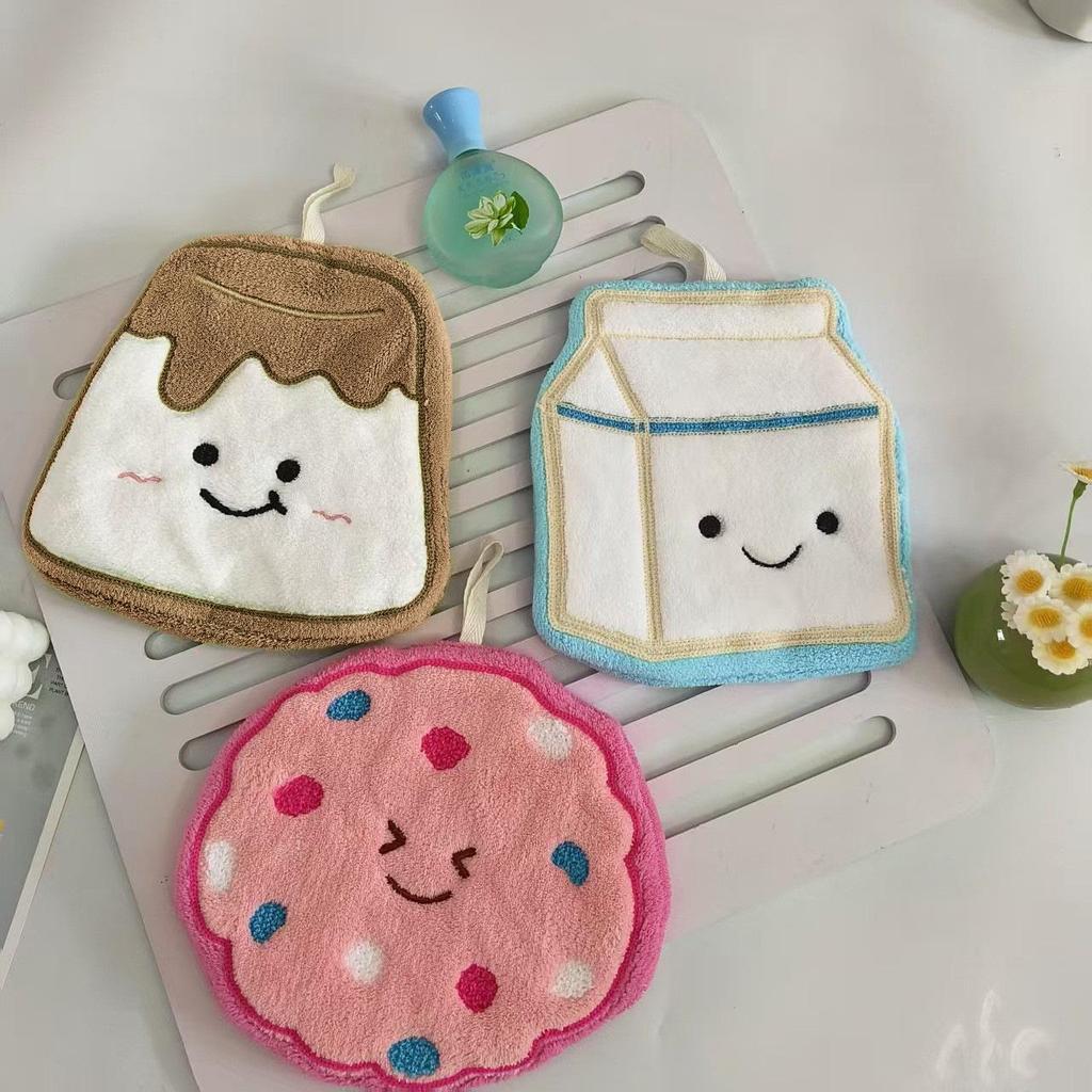 Cartoon Milk Biscuit Hand Towel - Thick, Absorbent, Coral Velvet Hanging Design