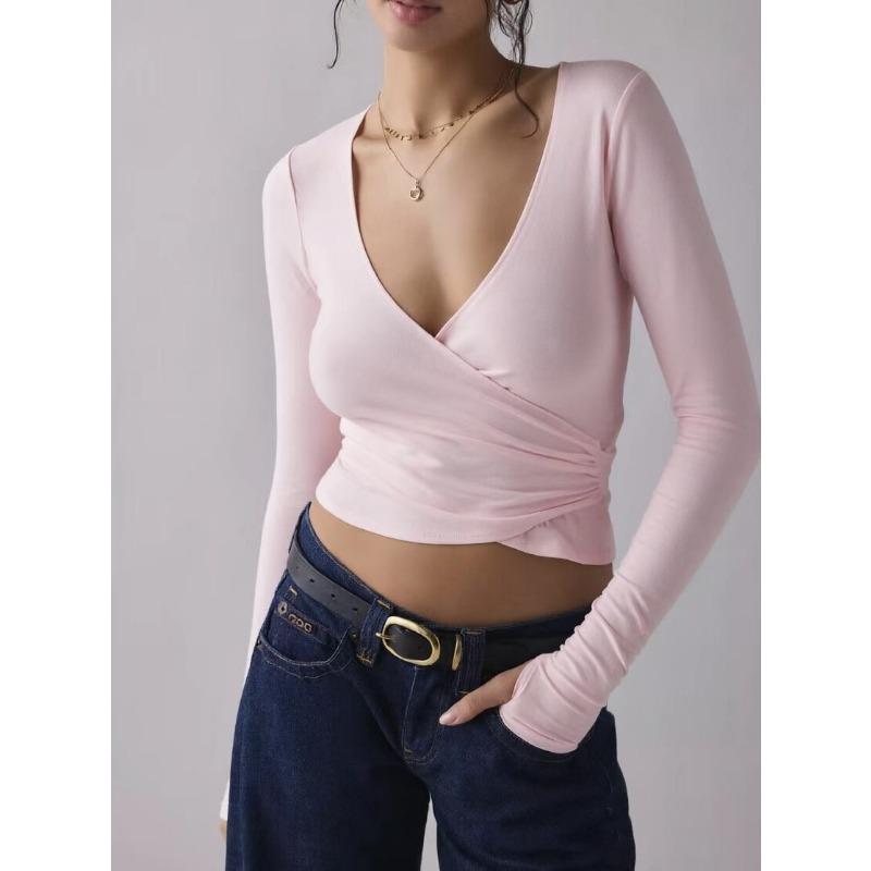 Women Cross Wrap Waist Cinching V Neck Long Sleeve Slim Fit T Shirt