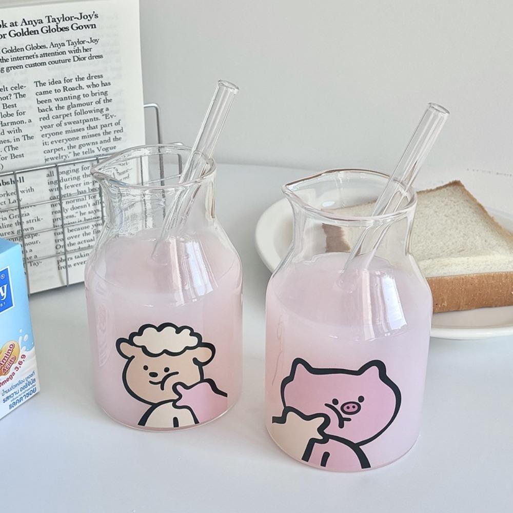 Cute 600ML Korean Coffee Cup Glass Cute Pattern Juice Cup Large Caliber Modern Design Water Bottle For Brewing Coffee Matcha