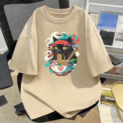 Kühler Ramen-Katzen-Grafik Retro-T-Shirt Kawaii Food T-Shirt Feiertags-Japanische Nudel-Anime Otaku Lässiger Stil Herren Damen Baumwoll-Oberteile