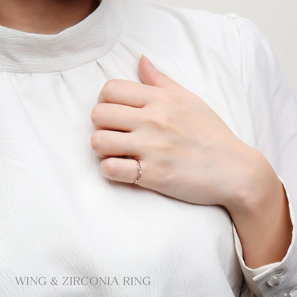 [Shinjuku Gin No Kura] Wing Zirconia Pink Gold Color Silver 925 Ring, Size 11, Women's, Wing Feather Motif, Thin