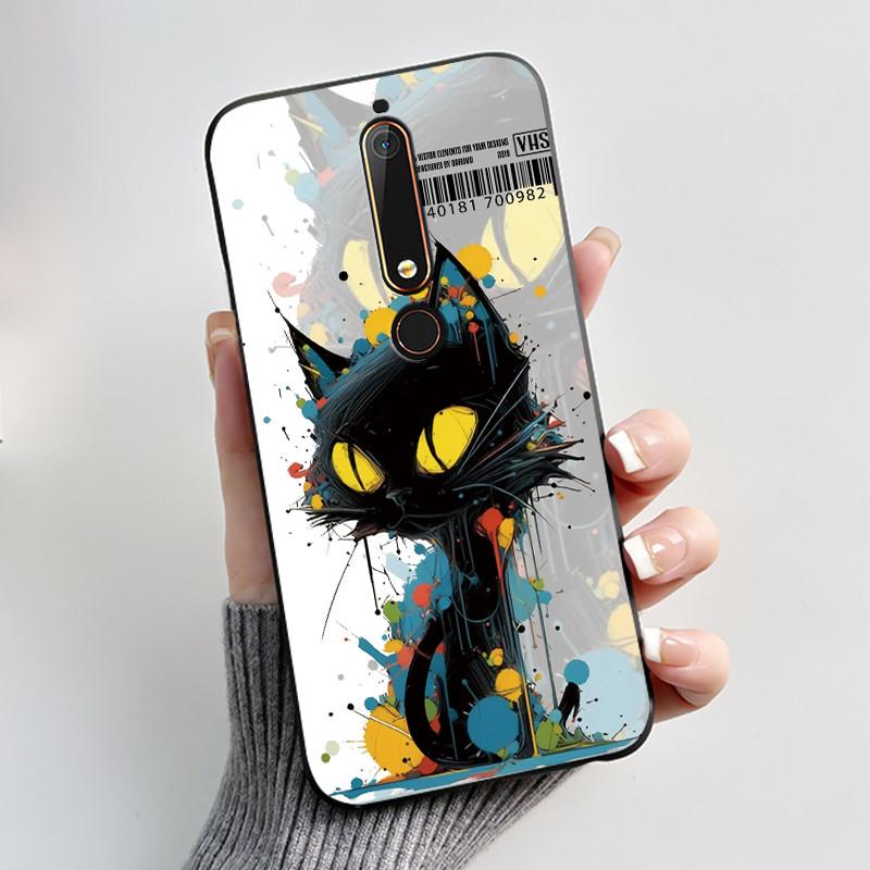 Custodia Per Nokia 6.1 6.1 Plus Custodia Antiurto Estetica Moda Cartone Animato Gatto Carino Nera Gomma Silicone Morbida Cover Bumper Alloggiamento