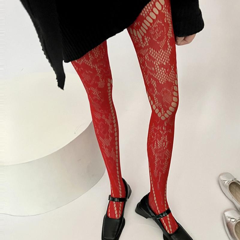 Красные кружевные колготки Цветочные лозы Сетчатые колготки Тонкие ажурные полоски Сетчатые чулки Весна Лето Новый дизайн Сексуальные колготки JK One Size