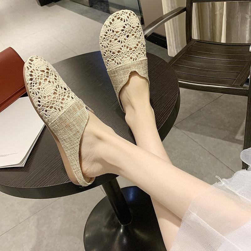 Round-toed, Closed-toe, Half-slipper Women's Shoes, Flat, Lazy, One-foot, Hollowed-out Flip-flops