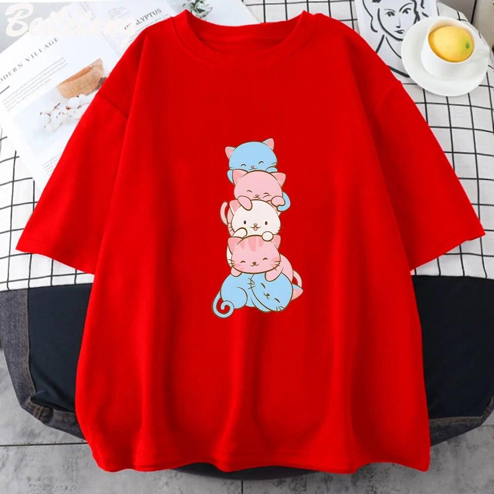 Transgender Pride Flag Cute Kawaii Cats Subtle LGBTQ Trans Pride T Shirts Summer Women's Short-sleeved T-shirts Harajuku Y2k Tee Unisex T-shirt