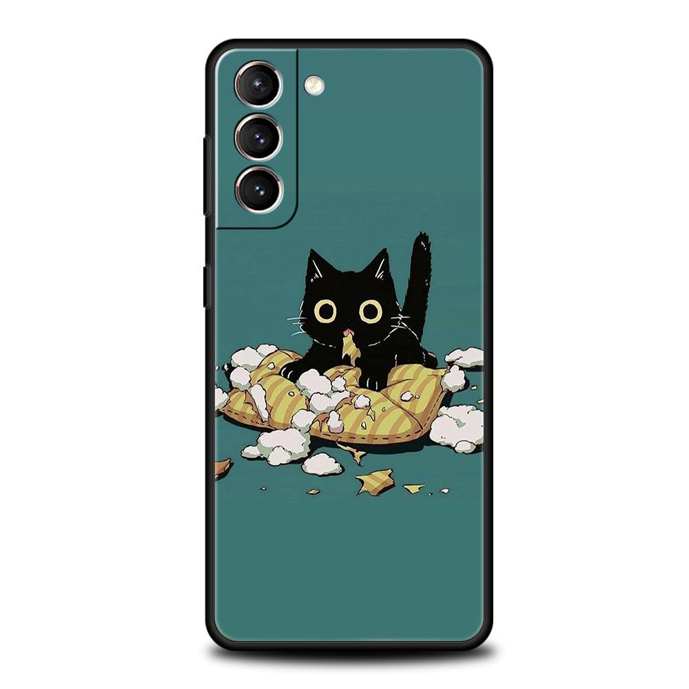 Cute Animals Cat Cartoon Phone Case For Samsung Galaxy S26 Ultra S25 Plus S24 FE S23 S22 5G S21 S20 Cover Black Soft
