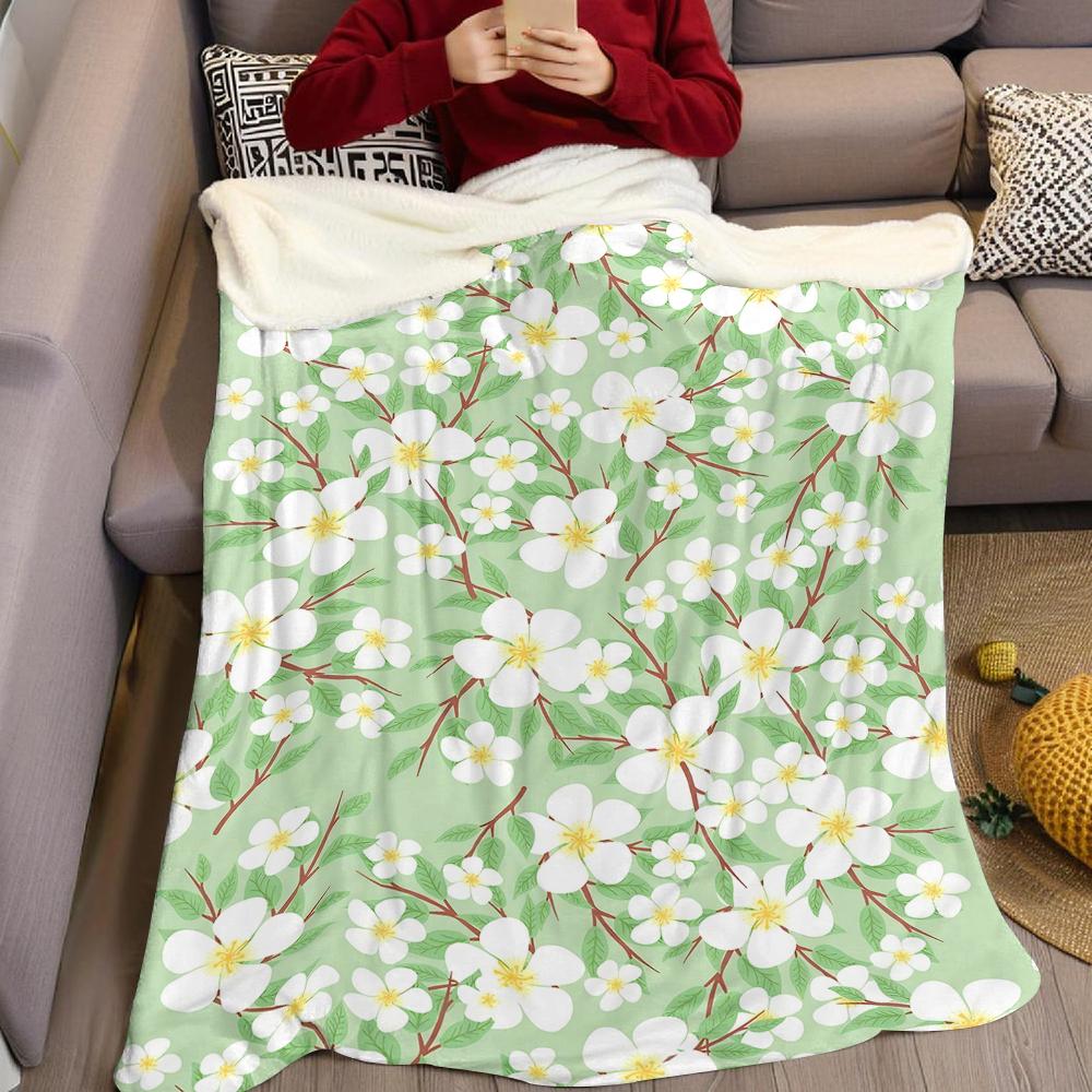 Pale Green Blossom Twig Flannel Blanket Warm Soft Halloween Christmas Couch Warm Cozy Decorative Decor Gift for All Season
