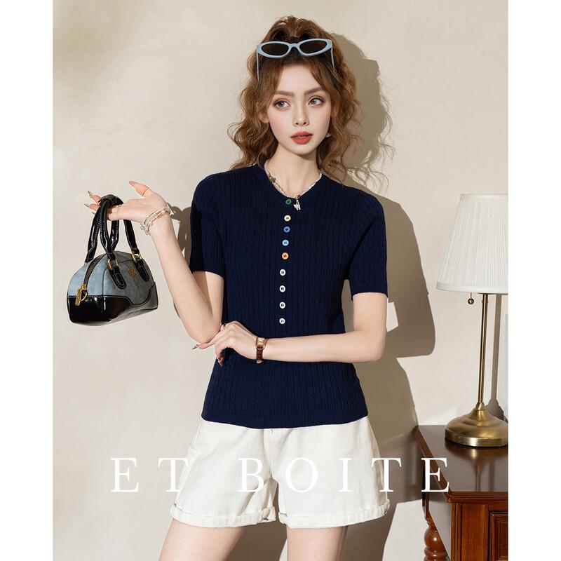 ET BOITE Women's Summer Slim Knit T-Shirt with Colored Buttons