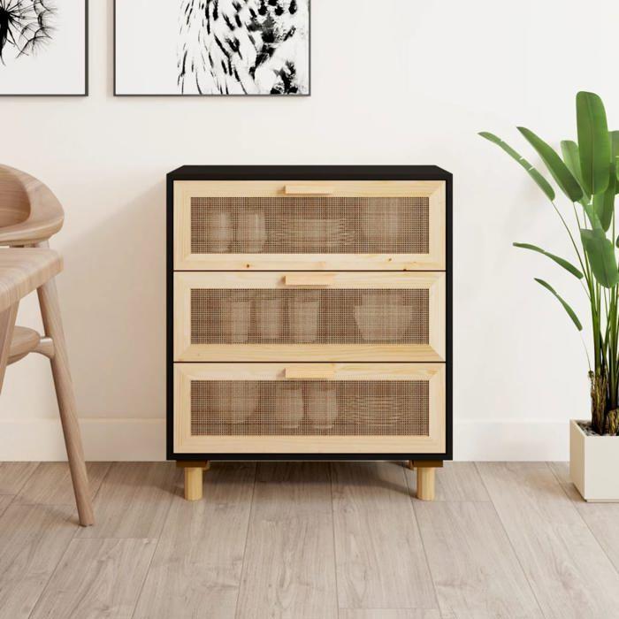 VidaXL Buffet Noir 60x30x70 cm Bois de pin massif et rotin naturel 345634