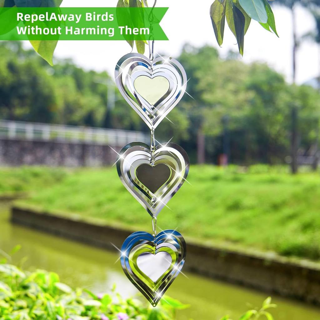 Bird Deterrents for Outside:Reflective Bird Scare Devices,3D Double-Sided Heart Wind Spinner Birds Scare Discs Set to Keep Pigeon and Woodpecker Away