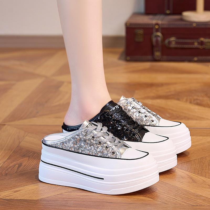 Thick-soled White Shoes for Women Summer Breathable Half Slippers All-match Sports Casual Shoes