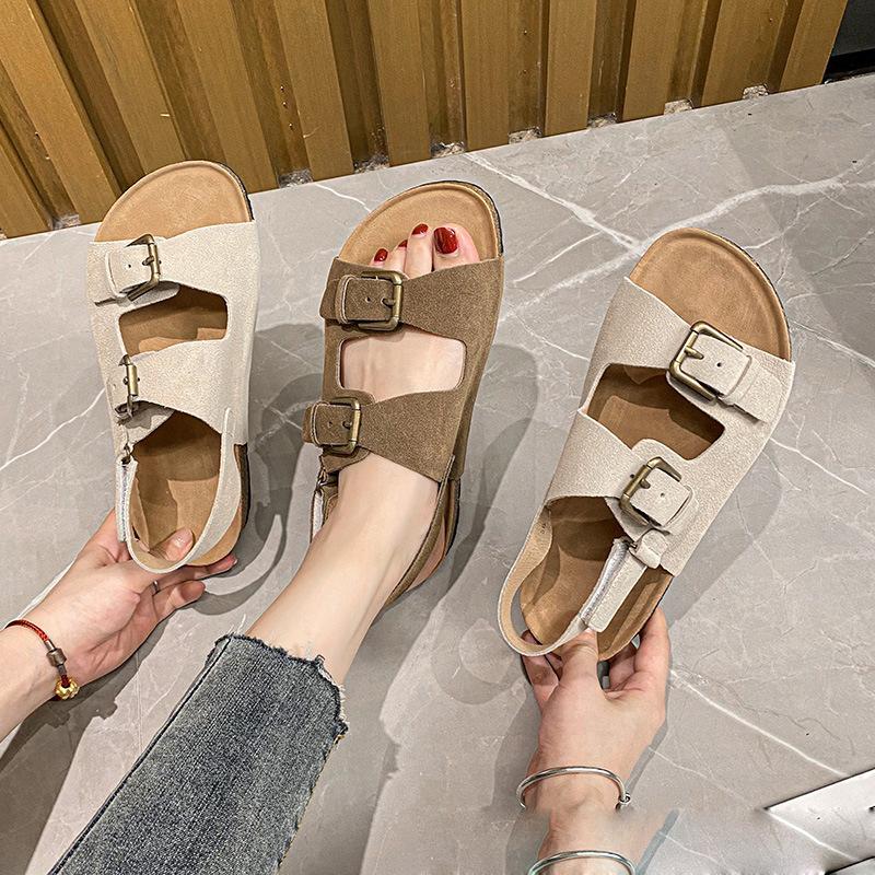 Fashion 2024 Summer Women's Sandals Cow Suede Leather Cork Sandals Woman Two Buckle Outdoor Beach Sandals Girls Retro High Quality