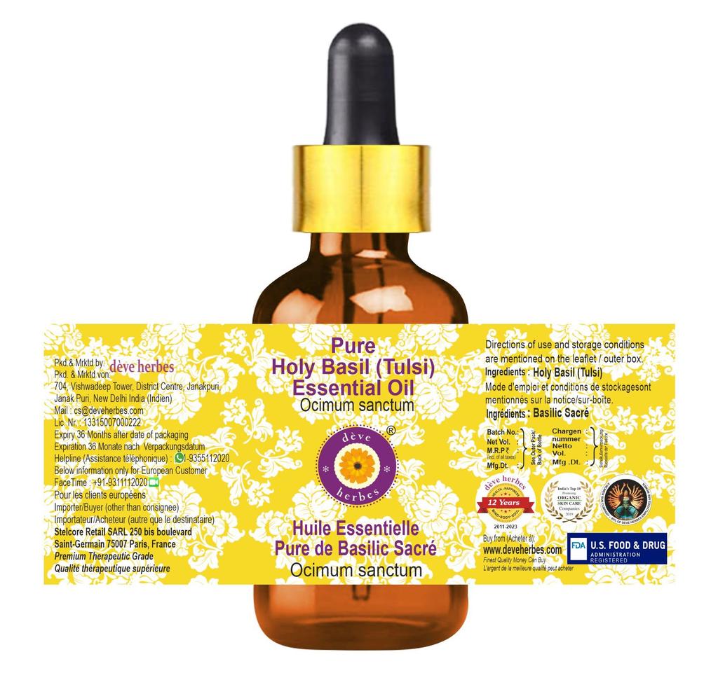 Deve Herbes Holy Basil (Tulsi) Essential Oil (Ocimum sanctum) with Glass Dropper Pure | Non-Sticky | Non-greasy | Lightweight | Men & Women | All