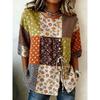 Women's Retro Floral Patchwork Drawstring Button Up Blouse, Casual Round Neck Tops for Spring Summer Daily Vacation Wear