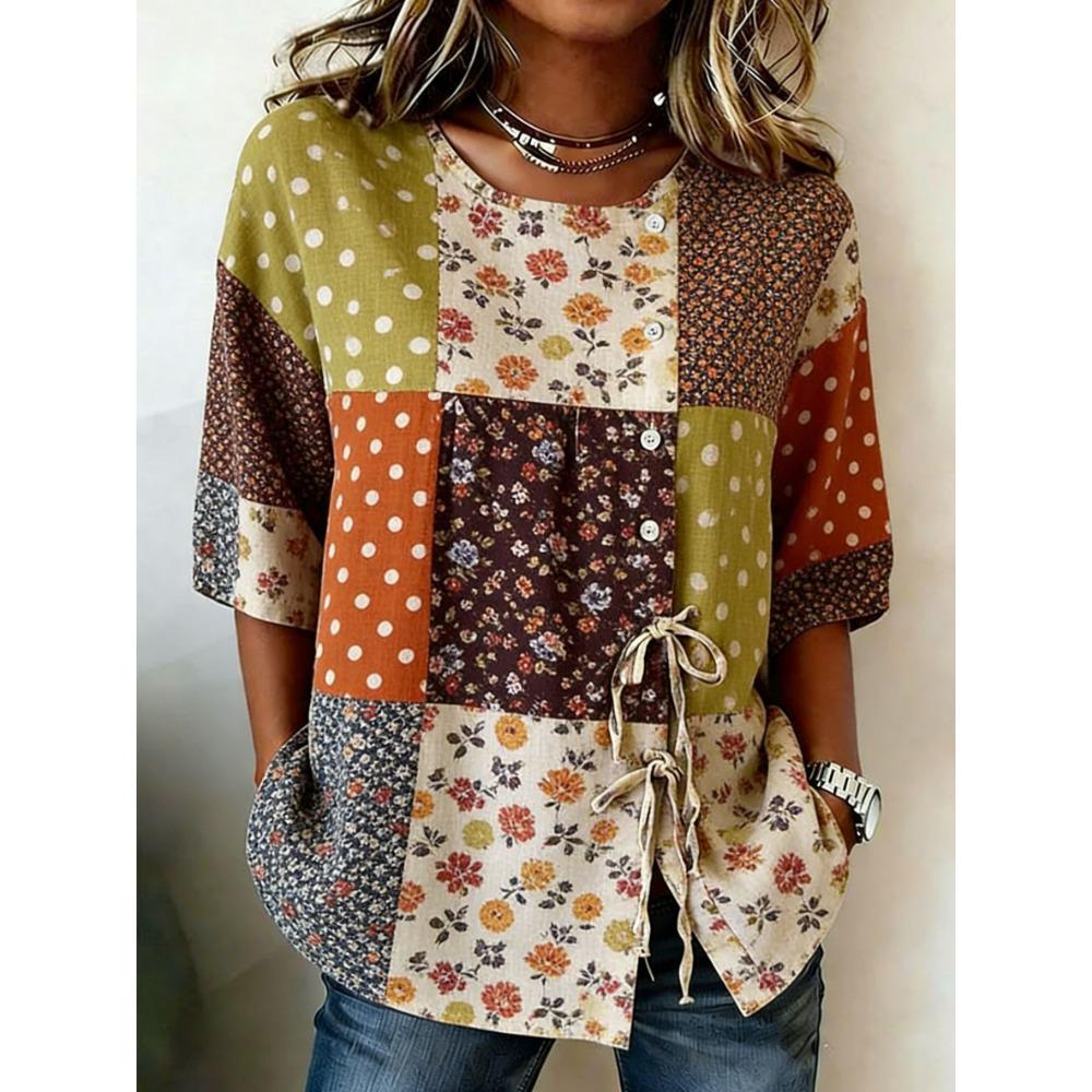 Women's Retro Floral Patchwork Drawstring Button Up Blouse, Casual Round Neck Tops for Spring Summer Daily Vacation Wear