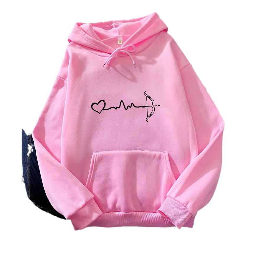 Korean Style Velvet EKG Print Casual Hoodie, Unisex Long Sleeve Pullover for Autumn/Winter