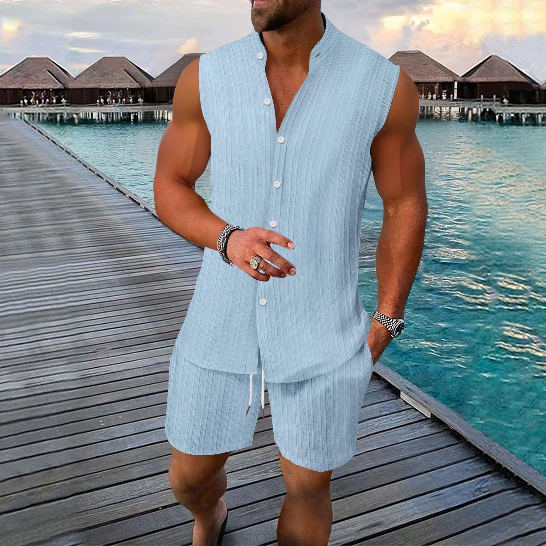 

Europe and the United States Men s Summer Vest Shirt Casual Loose Sleeveless Solid Color Shorts Beach Suit XXL