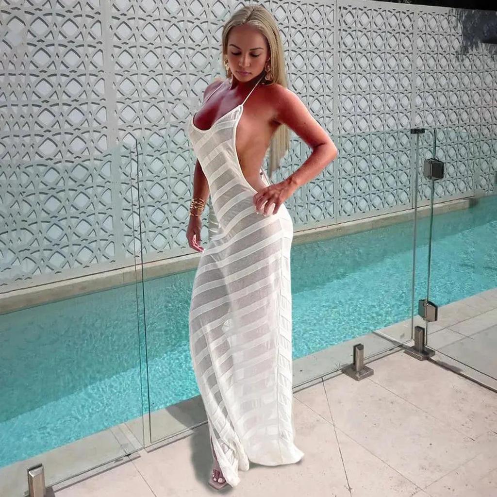2026 Trendy Women's Solid Color Backless Sheer Spaghetti Strap Dress