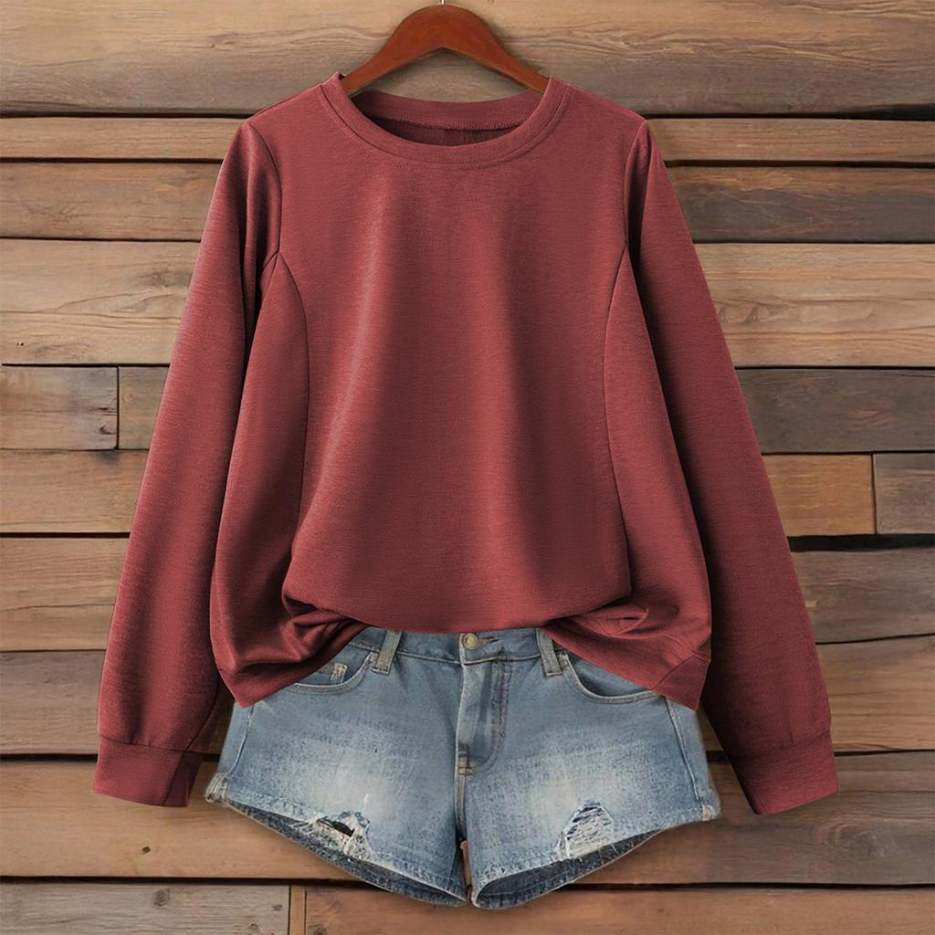 Women's Fashionable Solid Color Round Neck Long Sleeved Sports Casual Pullover Sweatshirt Top