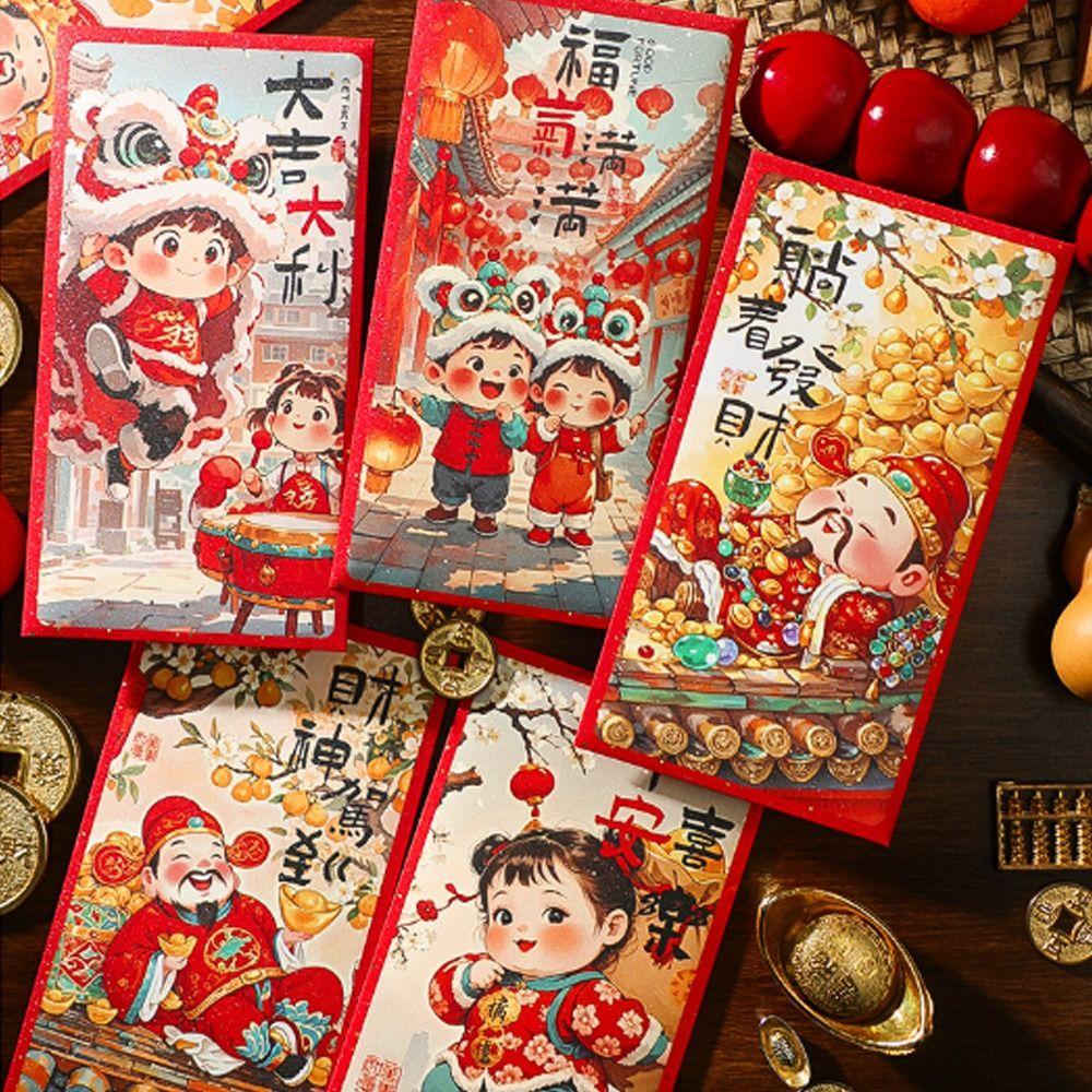 6pcs Traditional Children's Money Bag Hongbao Lucky Money Packet God of Wealth Red Pocket Bonus