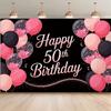 2D Black Pink Glitter 50th Birthday Backdrop with Confetti Balloons for 50th Birthday Party Photo Booth