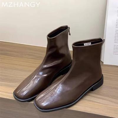 Women Leather Ankle Boots Elegant Chunky Shoes Woman 2025 Trend Fashion Winter New Snow Low Heels Motorcycle Boots Mujer Botas