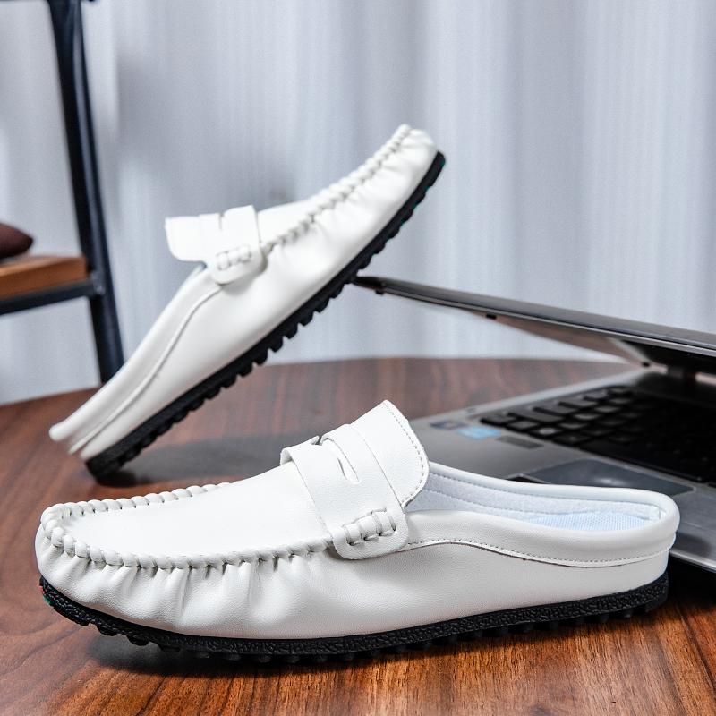 Large Size 45 46 Mules Man Slip On Flats Half Shoes for Men Open-back Flat Sneakers Casual Shoes Leather Summer Slide Sandals
