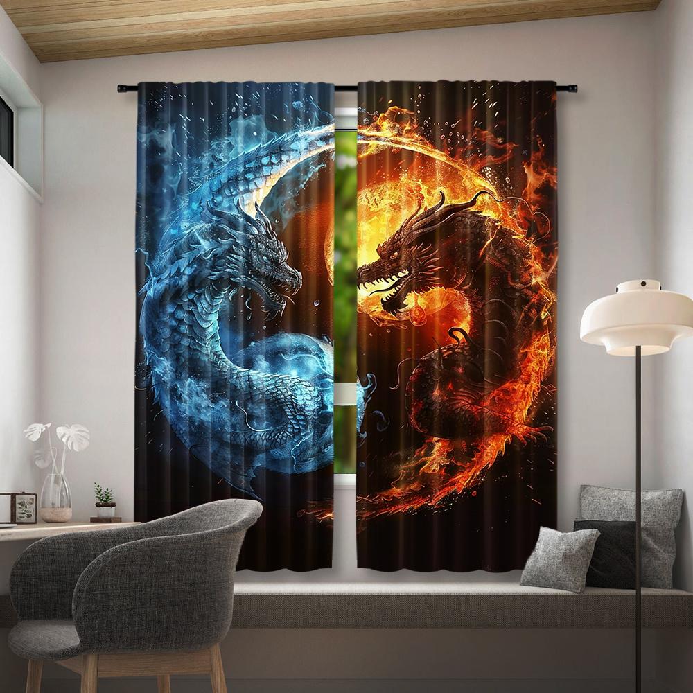 2pcs Dragon Rod Pocket Curtains   Woven Polyester Pongee Blackout Panels   Tai Chi and Fire Pattern   Semi-Sheer Embossed Window Dr