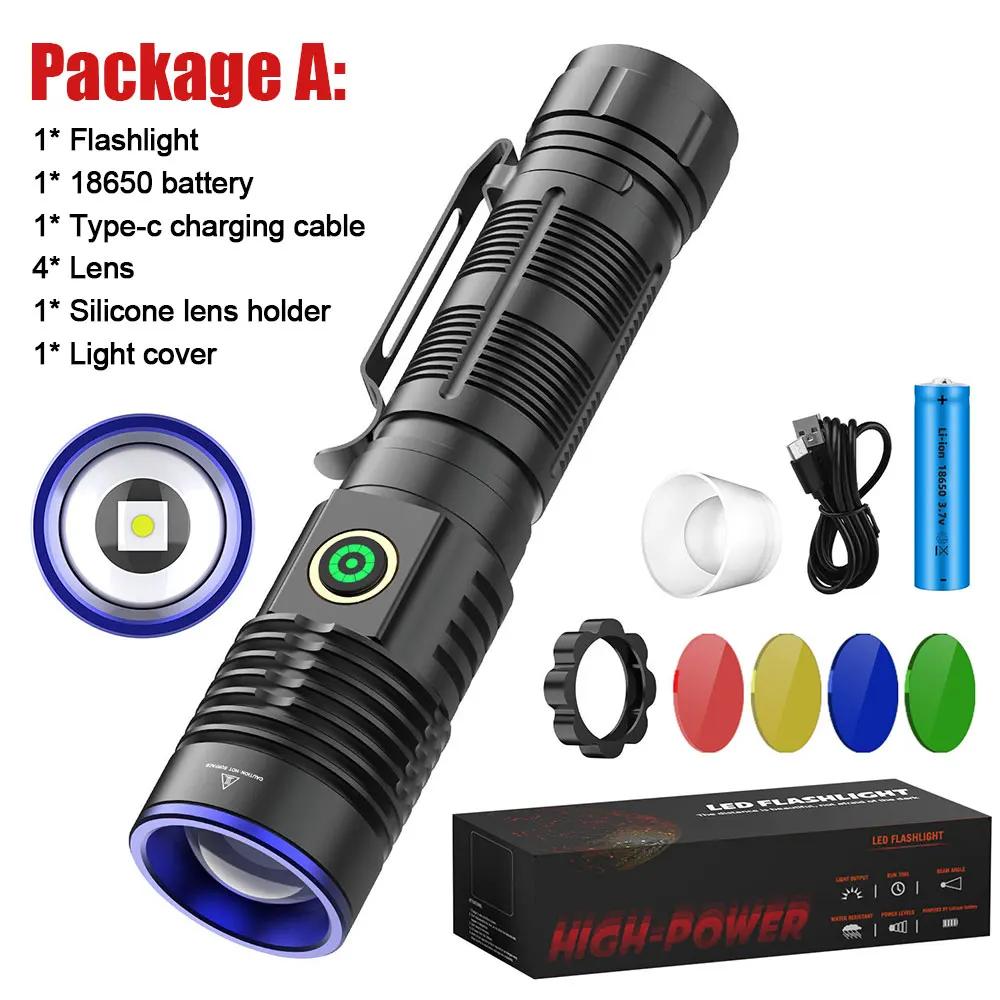 Tactical Flashlight Green Red Powerful LED Flashlight Five Colors Bright Spotlight Long Range Zoomable Emergency Torch Outdoor