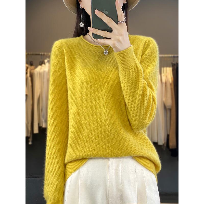 Women's Round Neck Solid Jacquard Wool Pullover Sweater - Autumn/Winter Casual Knitted Top