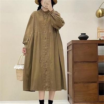 Mori Fungus Stand Up Collar Corduroy Dress Spring Accordion Pleats Loose Versatile Women Dresses