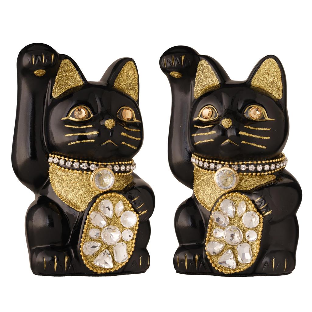 Glückskatze Schmuck Katze Rechte Pfote erhoben Keramik Glückskatze Maneki Neko Glücksbringer Feng Shui Ornament (M-GRÖSSE Schwarz) / _ (jw_M Schwarz)