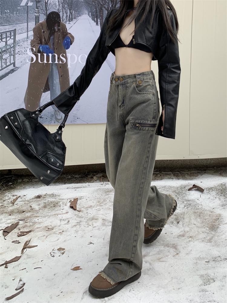 American 2000s Vintage Cargo Jeans Women High Waist Vintage Y2k Harajuku Denim Trousers Female Retro Fashion 90s Casual Wide Pants