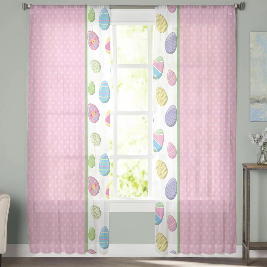 Easter Egg Polka Dot Pink Tulle Curtains for Living Room Bedroom Voile Sheer Curtain Window Home Decor Drapes