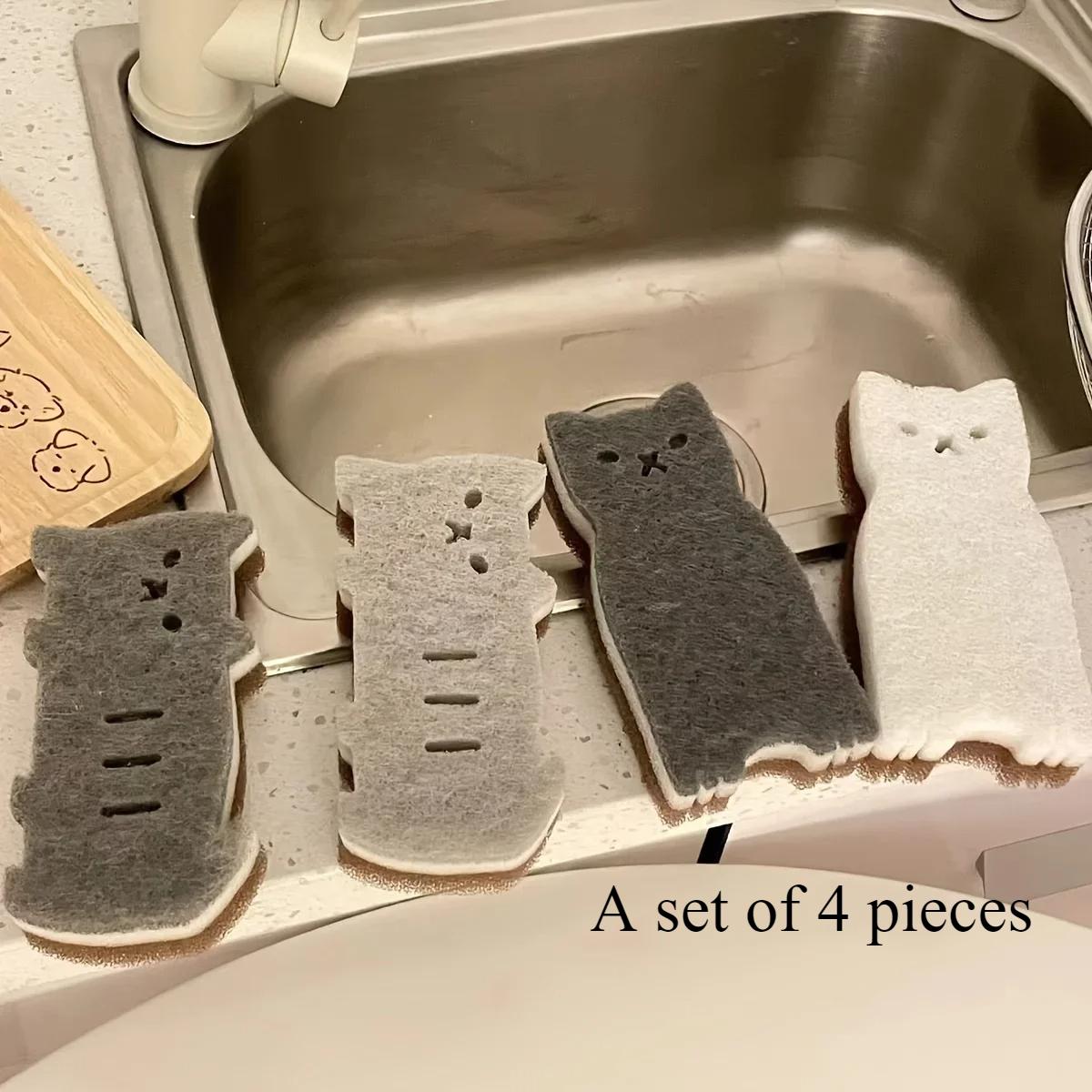 

Набор из 4 кухонных губок Cute Cat - толстые и прочные инструменты для мытья посуды и уборки
