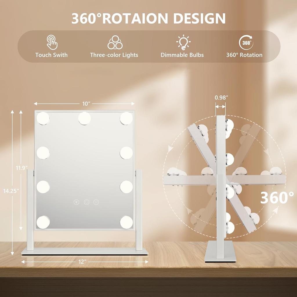 Lustro do makijażu Hollywood z 9 żarówkami LED, 3-kolorowe oświetlenie, ściemnianie, sterowanie dotykowe, obrót 360° do garderoby i sypialni