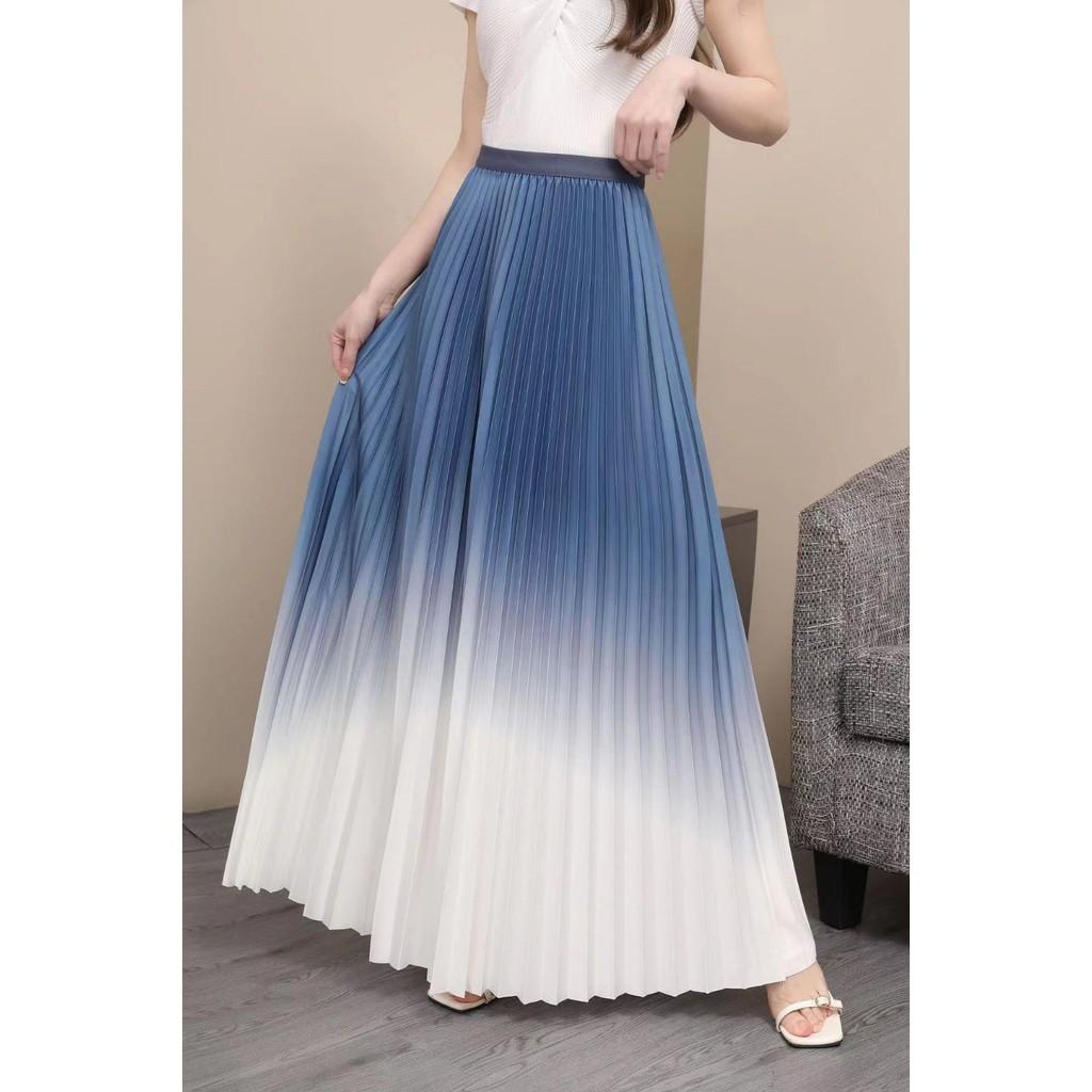 Qooth Elegant Women A Line Gradient color Pleated Skirt Wide Hem Mid Length Elastic Waist Slim Skirt QT2643