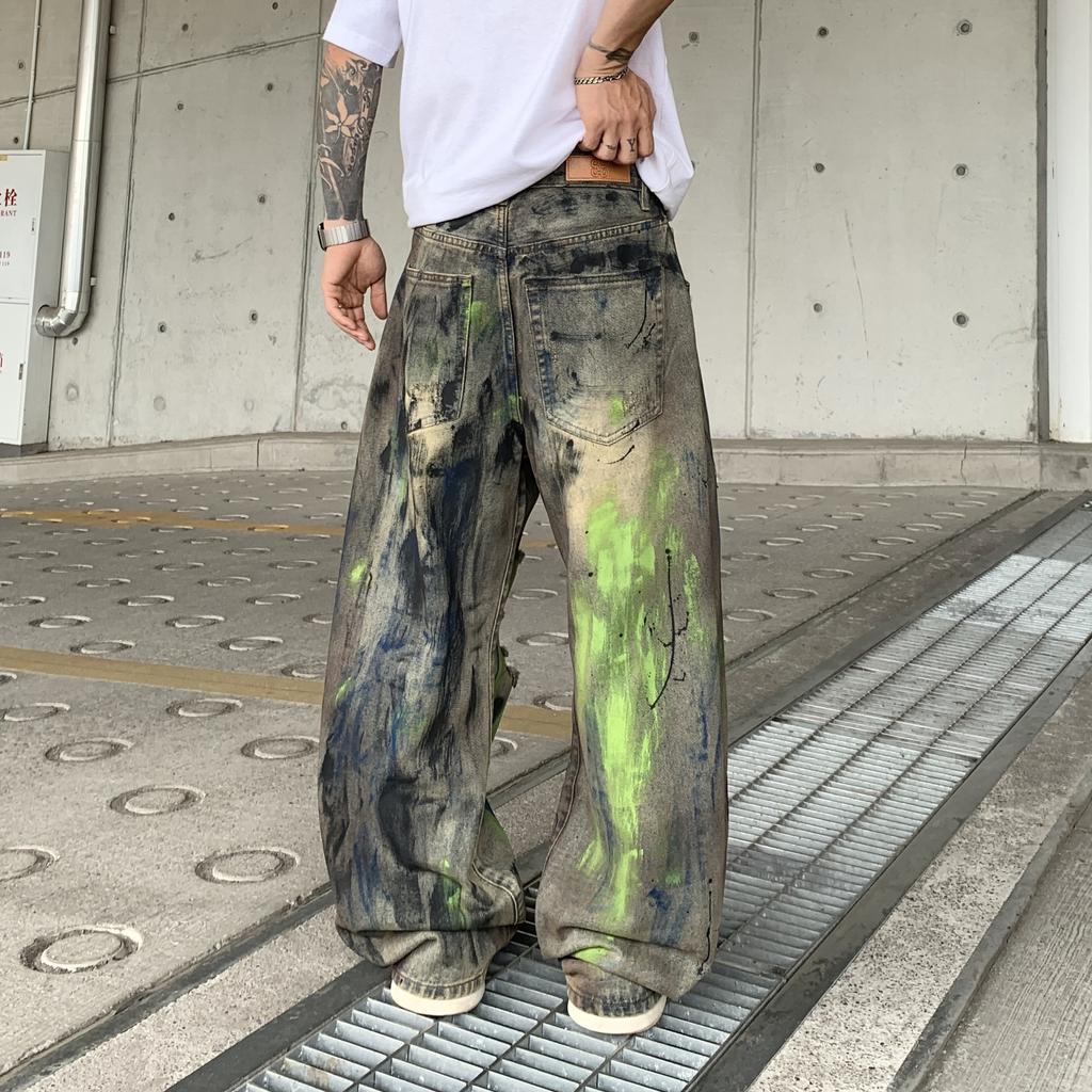 European and American Vibe Washed Old Ripped High Street Jeans Men Ins Trendy Brand Painted Beggar Hip Hop Wide Leg Pants