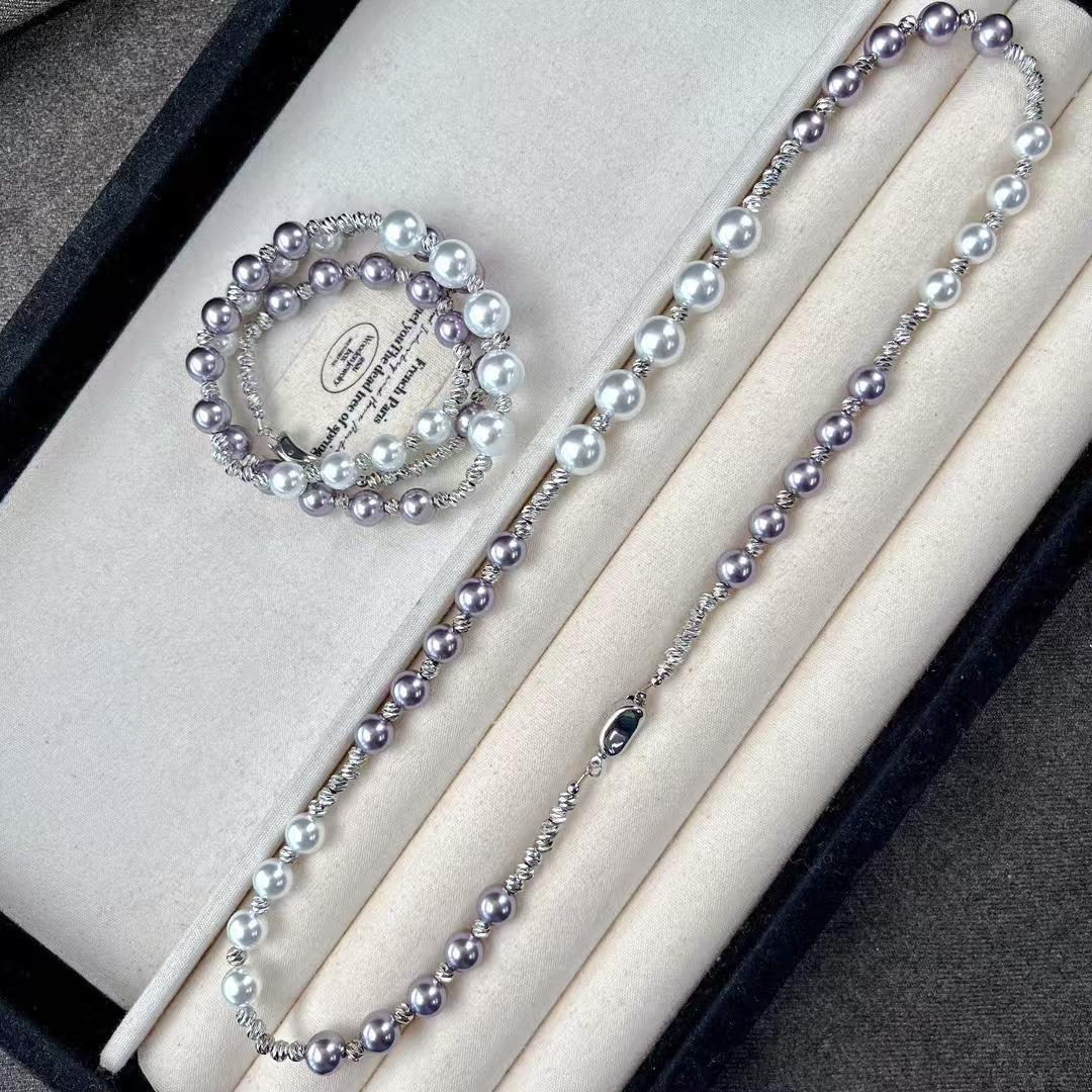 Vintage High Quality High Gloss Purple Cold White Imitation Pearl Collarbone Chain Necklace Sweater Chain