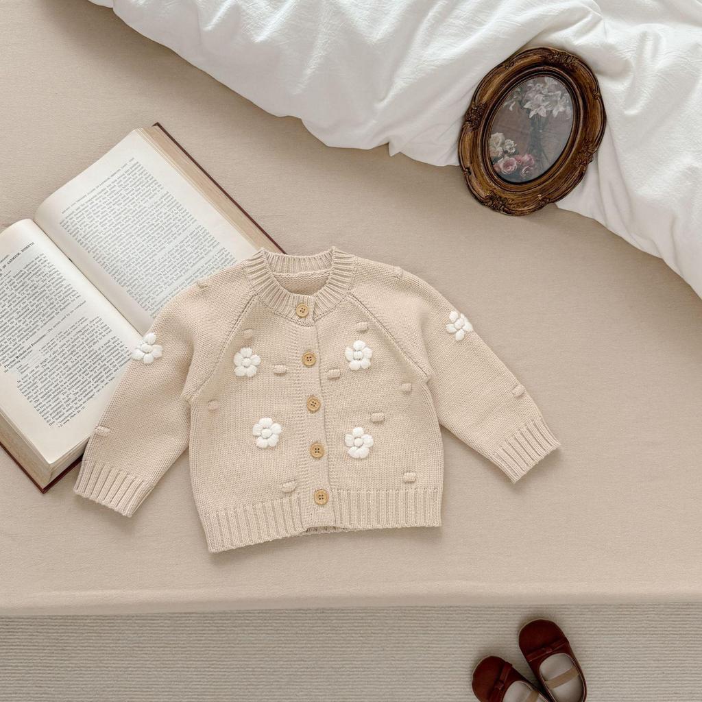 Embroidered Flower Knit Cardigan for Baby Girls, Wave Point Style, Thickened for Autumn and Winter