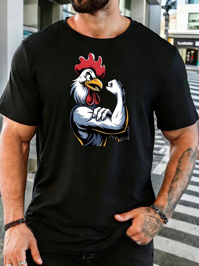 Unisex Strong Muscular Rooster Graphic Cotton Short Sleeve Tee Crew Neck Soft Male Summer Fitness Breathable Casual Street Top
